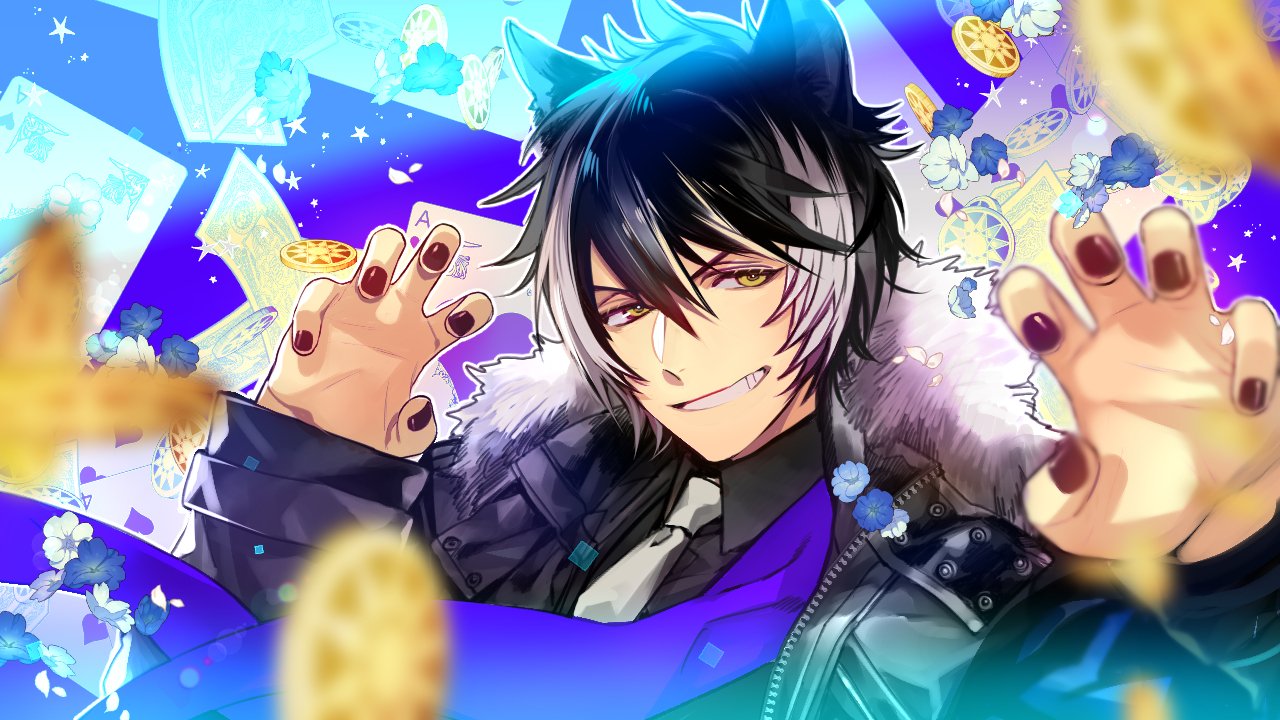 1boy ace_of_hearts animal_ears bangs black_hair black_nails black_shirt blue_flower blurry card claw_pose coat coin depth_of_field eyebrows_behind_hair fingernails flower fur-trimmed_coat fur_trim grin hair_between_eyes hands_up holostars kageyama_shien looking_at_viewer multicolored_hair nail_polish necktie outline parted_lips playing_card shirt smile solo star_(symbol) stole two-tone_hair upper_body white_hair white_necktie white_outline yamashino_takabu yellow_eyes