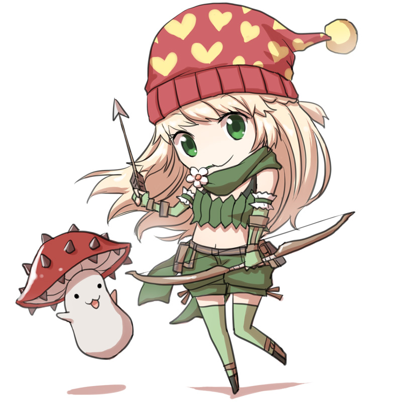 1girl :3 arrow_(projectile) bangs belt blonde_hair bow_(weapon) bra_strap breasts brown_belt chibi closed_mouth commentary_request eyebrows_visible_through_hair fingerless_gloves full_body gloves green_eyes green_gloves green_legwear green_scarf green_shorts green_tube_top hat heart heart_print holding holding_arrow holding_bow_(weapon) holding_weapon long_hair looking_at_viewer midriff mushroom natsuya_(kuttuki) navel nightcap open_mouth pouch ragnarok_online ranger_(ragnarok_online) red_headwear scarf shorts simple_background small_breasts smile spore_(ragnarok_online) thigh-highs weapon white_background