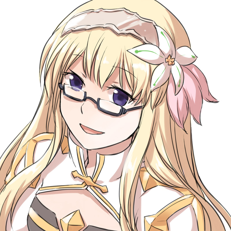 1girl arch_bishop_(ragnarok_online) bangs black-framed_eyewear blonde_hair brown_hairband cleavage_cutout clothing_cutout commentary_request cross dress eyebrows_visible_through_hair flower glasses hair_flower hair_ornament hairband long_hair looking_at_viewer natsuya_(kuttuki) open_mouth ragnarok_online semi-rimless_eyewear simple_background smile solo two-tone_dress under-rim_eyewear upper_body violet_eyes white_background white_dress white_flower