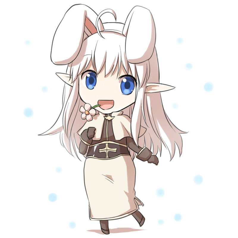 1girl :d acolyte_(ragnarok_online) ahoge animal_ears blue_eyes brown_gloves brown_legwear brown_shirt capelet chibi commentary_request eyebrows_visible_through_hair fake_animal_ears flower flower_in_mouth full_body gloves hairband long_hair long_sleeves looking_at_viewer natsuya_(kuttuki) open_mouth pantyhose pointy_ears ragnarok_online shiny shiny_skin shirt shoes simple_background skirt smile solo standing standing_on_one_leg white_background white_capelet white_flower white_hair white_hairband white_skirt