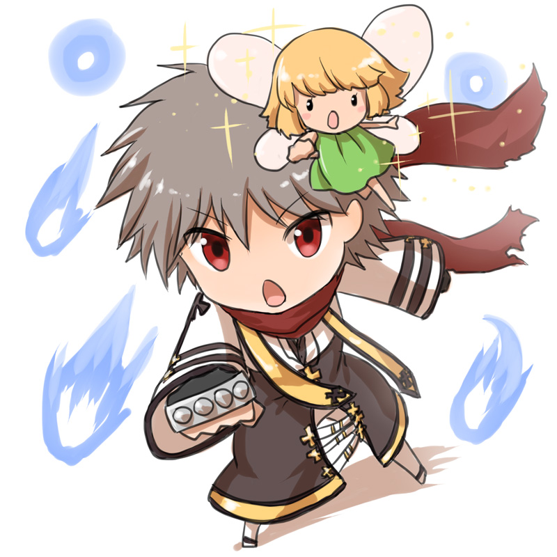 1boy 1girl arch_bishop_(ragnarok_online) bangs black_coat black_footwear black_gloves blonde_hair brown_hair chibi coat commentary_request cropped_jacket cross cross_necklace dress eyebrows_visible_through_hair fairy fairy_wings fingerless_gloves full_body gloves green_dress jacket jewelry long_sleeves looking_at_viewer natsuya_(kuttuki) necklace open_mouth pants ragnarok_online red_eyes red_scarf scarf shoes short_hair simple_background sleeveless sleeveless_dress sparkle spiked_knuckles torn_scarf two-tone_footwear white_background white_footwear white_jacket white_pants wings