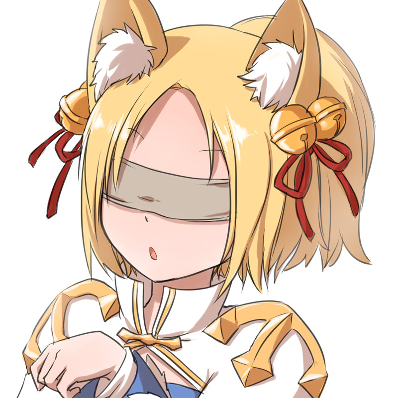 1girl animal_ear_fluff animal_ears arch_bishop_(ragnarok_online) bangs bell blindfold blonde_hair blue_dress cleavage_cutout clothing_cutout commentary_request cross dress eyebrows_visible_through_hair fox_ears hair_bell hair_ornament hair_ribbon high_ponytail jingle_bell natsuya_(kuttuki) open_mouth ponytail ragnarok_online red_ribbon ribbon short_hair simple_background solo two-tone_dress upper_body white_background white_dress