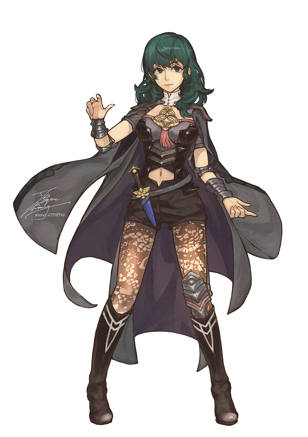 1girl bangs black_footwear black_shorts blue_eyes boots breasts byleth_(fire_emblem) byleth_eisner_(female) closed_mouth detached_collar fadingz fire_emblem fire_emblem:_three_houses green_hair highres knee_boots long_hair medium_breasts midriff navel pantyhose sheath sheathed shiny shiny_hair short_shorts shorts signature simple_background solo standing stomach sword weapon white_background