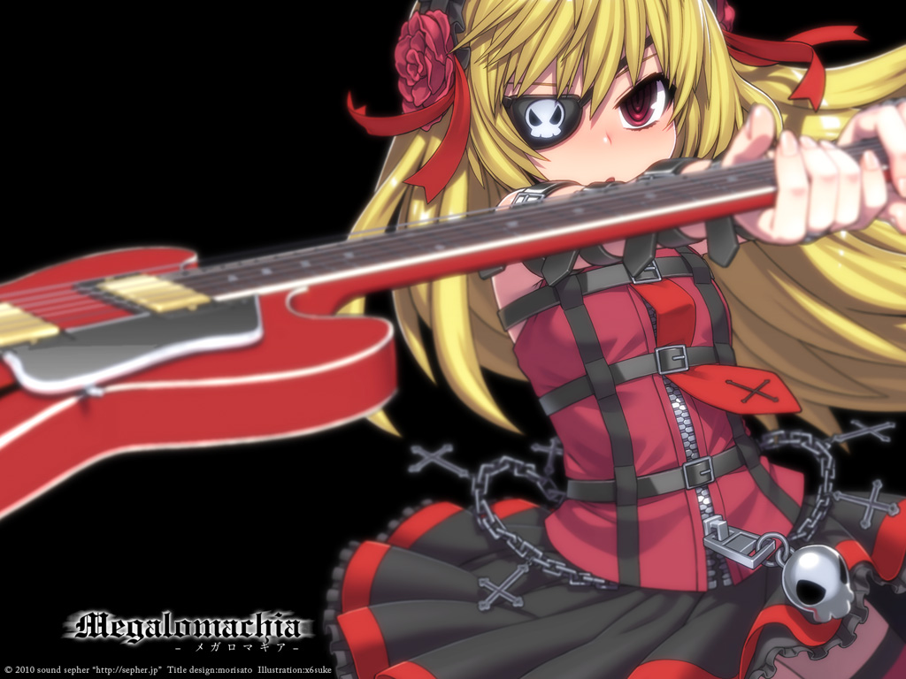 1girl blonde_hair chain electric_guitar eyepatch guitar instrument miniskirt original red_eyes skirt x6suke