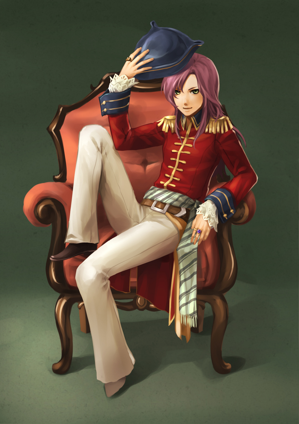 androgynous belt cannoneer chair coat faris_scherwiz final_fantasy final_fantasy_v green_eyes hat hat_removed headwear_removed highres jewelry long_hair meno_(pixiv) pants purple_hair reverse_trap ring rings sitting smile solo velvet_revolver