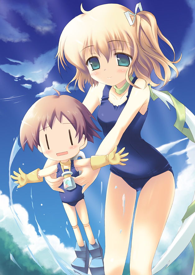 aqua_eyes belle belle_(katahane) blonde_hair blush brown_hair cloud coco coco_(katahane) doll_joints empty_eyes flat_chest gloves holding katahane kouzuki_hajime leaning_forward one-piece_swimsuit open_mouth outdoors outstretched_arms rubber_gloves scarf school_swimsuit short_hair side_ponytail sky smile splash spread_arms swimsuit water