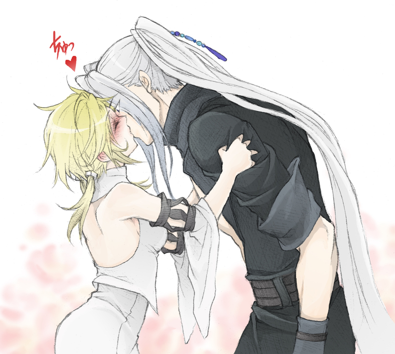 blonde_hair blush buster_sword closed_eyes couple detached_sleeves dress fantasysky_(pixiv662864) female final_fantasy final_fantasy_vii final_fantasy_vii_advent_children first_ken gijinka grey_hair hair_ornament heart height_difference kiss long_hair long_sleeves male masamune open-back_dress personification ponytail profile shinzui_(fantasysky7) sleeves_folded_up twintails very_long_hair