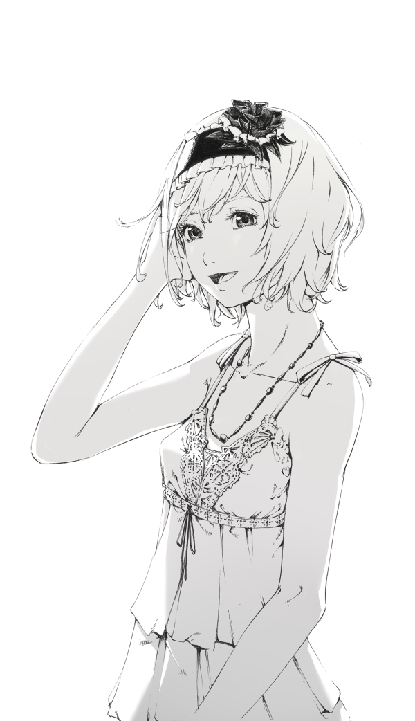 alternate_costume camisole dress hairband hand_in_hair jewelry monochrome necklace sawasawa short_hair smile touhou