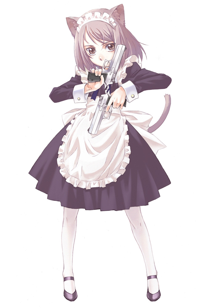 akimbo baby_eagle cat_ears dual_wield dual_wielding gun handgun imi_jericho maid nyaou original pantyhose pistol semiautomatic tail weapon