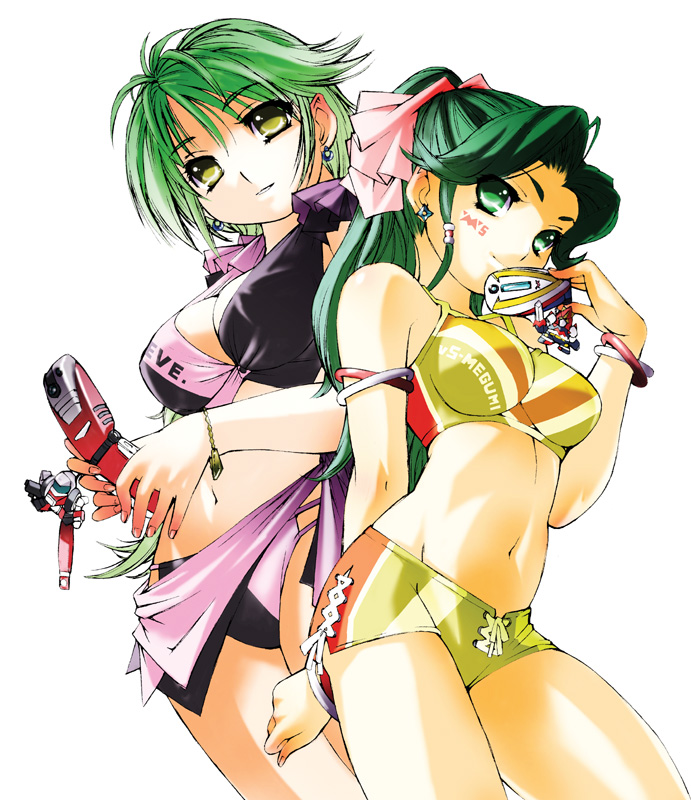 bikini bracelet breasts cell cellphone cellphone_charm cellphone_strap charm_(object) chibi choudenji_machine_voltes_v cleavage crossover earrings from_below hair_ribbon jewelry large_breasts looking_down mecha megazone_23 midriff multiple_girls navel oka_megumi phone ponytail purple_sarong ribbon robot sarong swimsuit sword tokimatsuri_eve voltes_v_(mecha) weapon yamaimo_torotoro