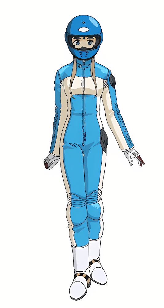 1girl aa_megami-sama ah_my_goddess belldandy blue_eyes brown_hair covered_mouth full_body gloves goddess helmet jacket jumpsuit looking_at_viewer mask motorcycle_helmet mouth_covered shoes solo standing white_background woman