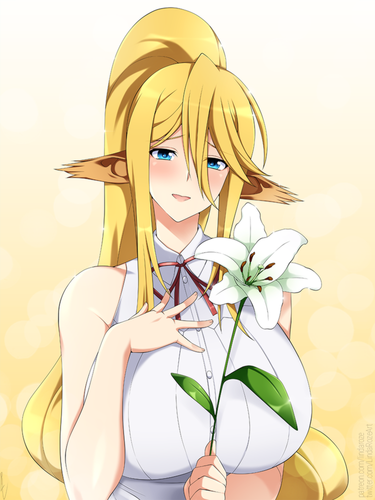 1girl :d animal_ears bangs bare_shoulders blonde_hair blue_eyes blush breasts centorea_shianus collared_shirt english_commentary eyebrows_visible_through_hair flower hair_between_eyes hand_on_own_chest holding holding_flower horse_ears large_breasts lindaroze long_hair looking_at_viewer monster_girl monster_musume_no_iru_nichijou neck_ribbon open_mouth patreon_username pointy_ears ponytail red_ribbon ribbon shirt sidelocks simple_background smile solo twitter_username upper_body very_long_hair web_address white_shirt yellow_background