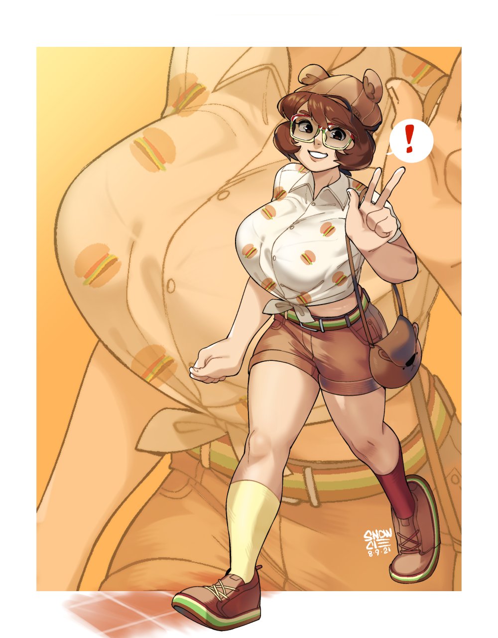 ! 1girl animal_ear_headwear animal_ears bear_ears border breasts brown_footwear brown_hair brown_headwear brown_shorts clenched_hand collared_shirt dated glasses green_belt highres large_breasts original outside_border parted_lips print_shirt shirt shorts smile snowcie snowciel solo speech_bubble spoken_exclamation_mark symbol-only_commentary tied_shirt v walking white_border zoom_layer
