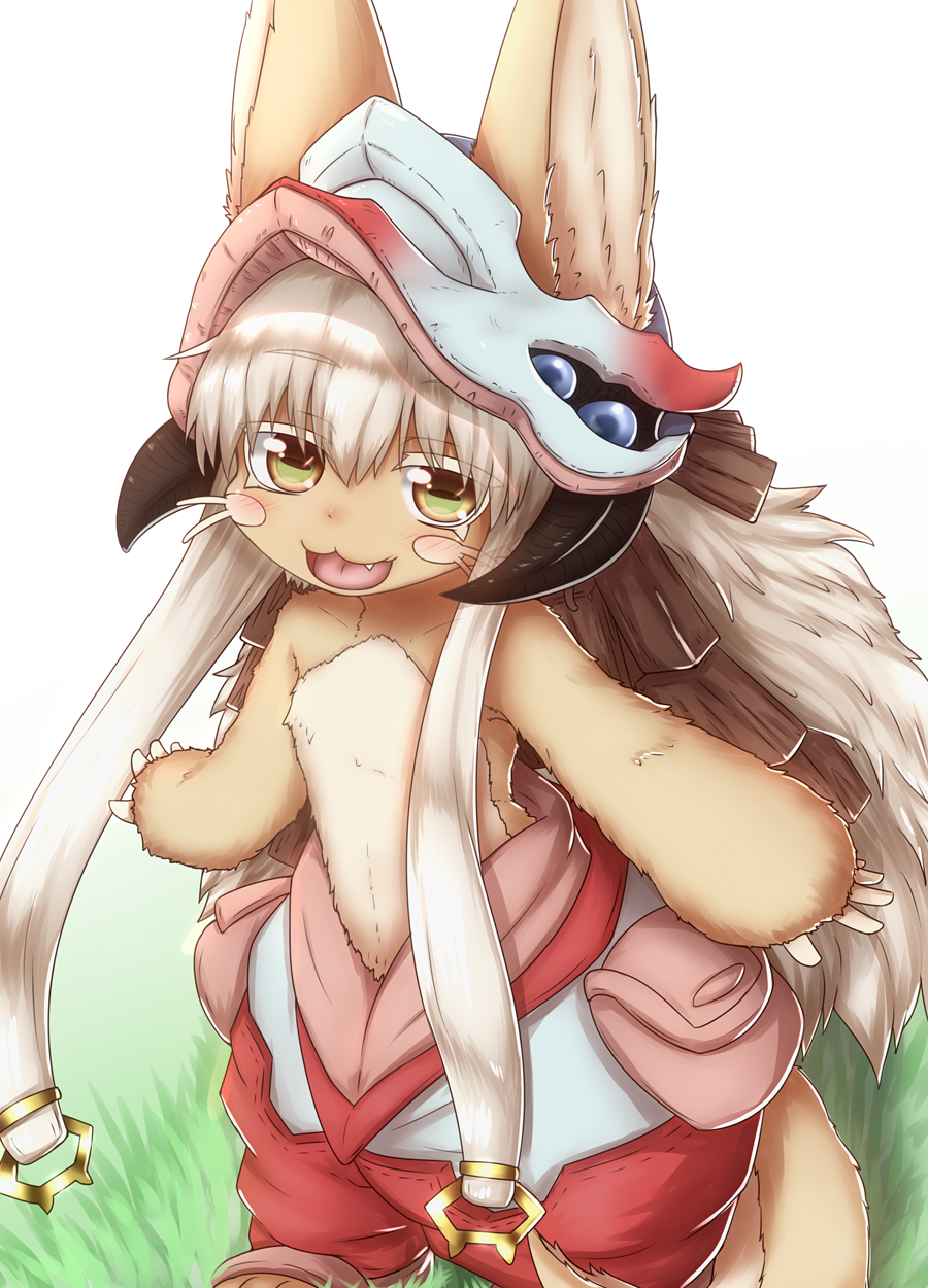 1other :3 animal_ears animal_hands bangs blush blush_stickers body_fur brown_fur collarbone colored_eyelashes commentary_request eyebrows_visible_through_hair fang furry gradient gradient_background grass green_eyes happy helmet highres horizontal_pupils horokusa_(korai) light_blush long_hair looking_at_viewer made_in_abyss multicolored_clothes multicolored_headwear multicolored_pants nanachi_(made_in_abyss) open_mouth other_focus outdoors partial_commentary pouch puffy_pants shiny shiny_hair sidelocks simple_background smile solo tail tongue topless two-tone_fur whiskers white_background white_hair