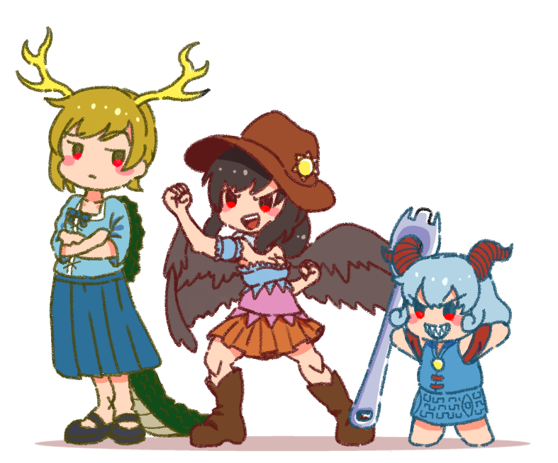 3girls antlers arms_up bandana barefoot black_hair black_wings blonde_hair blue_hair blue_shirt blue_skirt blue_vest boots chibi clenched_hands cowboy_boots cowboy_hat crossed_arms curly_hair dragon_girl dragon_horns dragon_tail eye_print grin hat horns horse_girl kicchou_yachie kuroguy kurokoma_saki long_hair mary_janes meandros medium_hair multiple_girls off-shoulder_shirt off_shoulder open_mouth patterned_clothing pegasus_wings pleated_skirt ponytail red_eyes red_horns sharp_teeth sheep_horns shirt shoes short_hair skirt smile spork tail teeth touhou toutetsu_yuuma turtle_shell vest wings