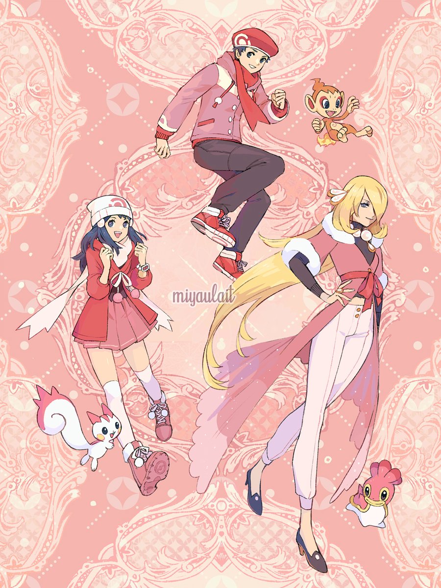 1boy 2girls alternate_costume beanie black_hair blonde_hair boots buttons chimchar clenched_hands closed_mouth commentary hair_ornament hairclip hand_on_hip hands_up hat high_heels highres hikari_(pokemon) long_hair miyaulait multiple_girls pachirisu pants pink_footwear pokemon pokemon_(creature) pokemon_(game) pokemon_dppt pokemon_platinum shellos smile thigh-highs white_headwear white_legwear white_pants