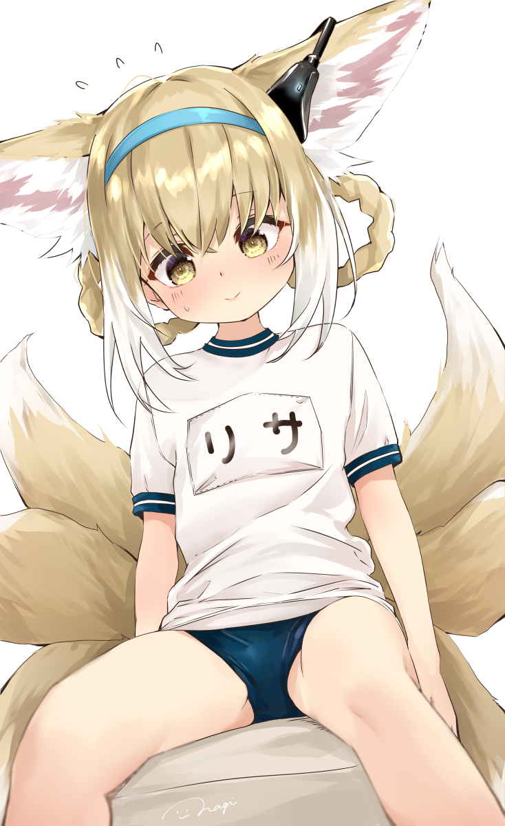 1girl animal_ear_fluff animal_ears arknights bangs blonde_hair blue_buruma blue_hairband blush braid buruma closed_mouth eyebrows_visible_through_hair feet_out_of_frame flying_sweatdrops fox_ears fox_girl fox_tail gym_shirt gym_uniform hair_between_eyes hair_rings hairband highres kitsune looking_at_viewer multicolored_hair nagi_(shunsuke-manage) name_tag shirt short_sleeves signature simple_background sitting solo suzuran_(arknights) sweat tail twin_braids two-tone_hair white_background white_hair white_shirt yellow_eyes