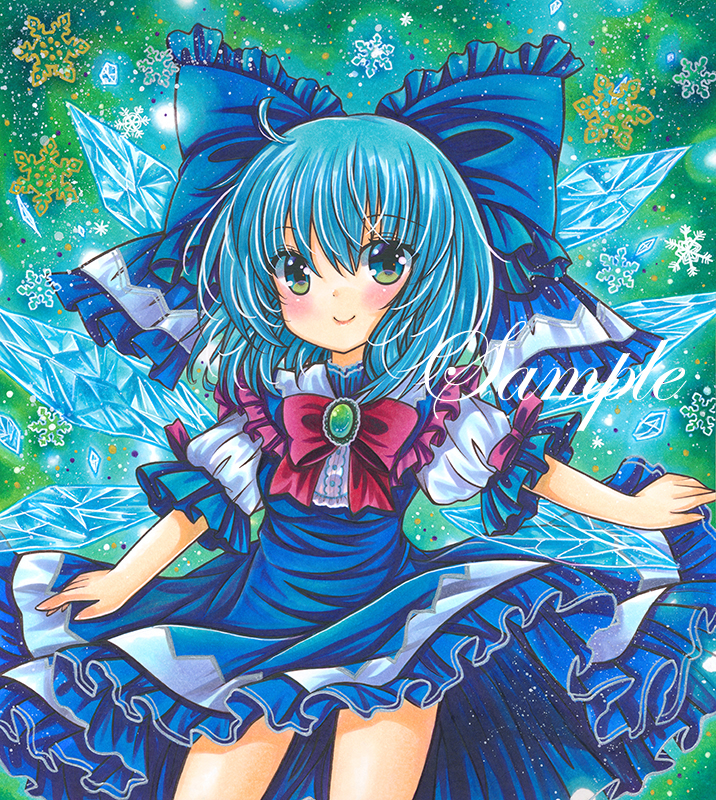 1girl ahoge blue_bow blue_dress blue_eyes blue_hair blush bow bowtie breasts brooch cirno closed_mouth cowboy_shot detached_wings dress eyebrows_visible_through_hair frilled_bow frilled_dress frilled_shirt_collar frills green_background green_brooch hair_between_eyes hair_bow ice ice_wings jewelry large_bow looking_at_viewer marker_(medium) medium_hair puffy_short_sleeves puffy_sleeves purple_ribbon red_bow red_bowtie ribbon rui_(sugar3) sample shirt short_sleeves sleeve_ribbon small_breasts smile snowflake_background solo touhou traditional_media white_shirt wings