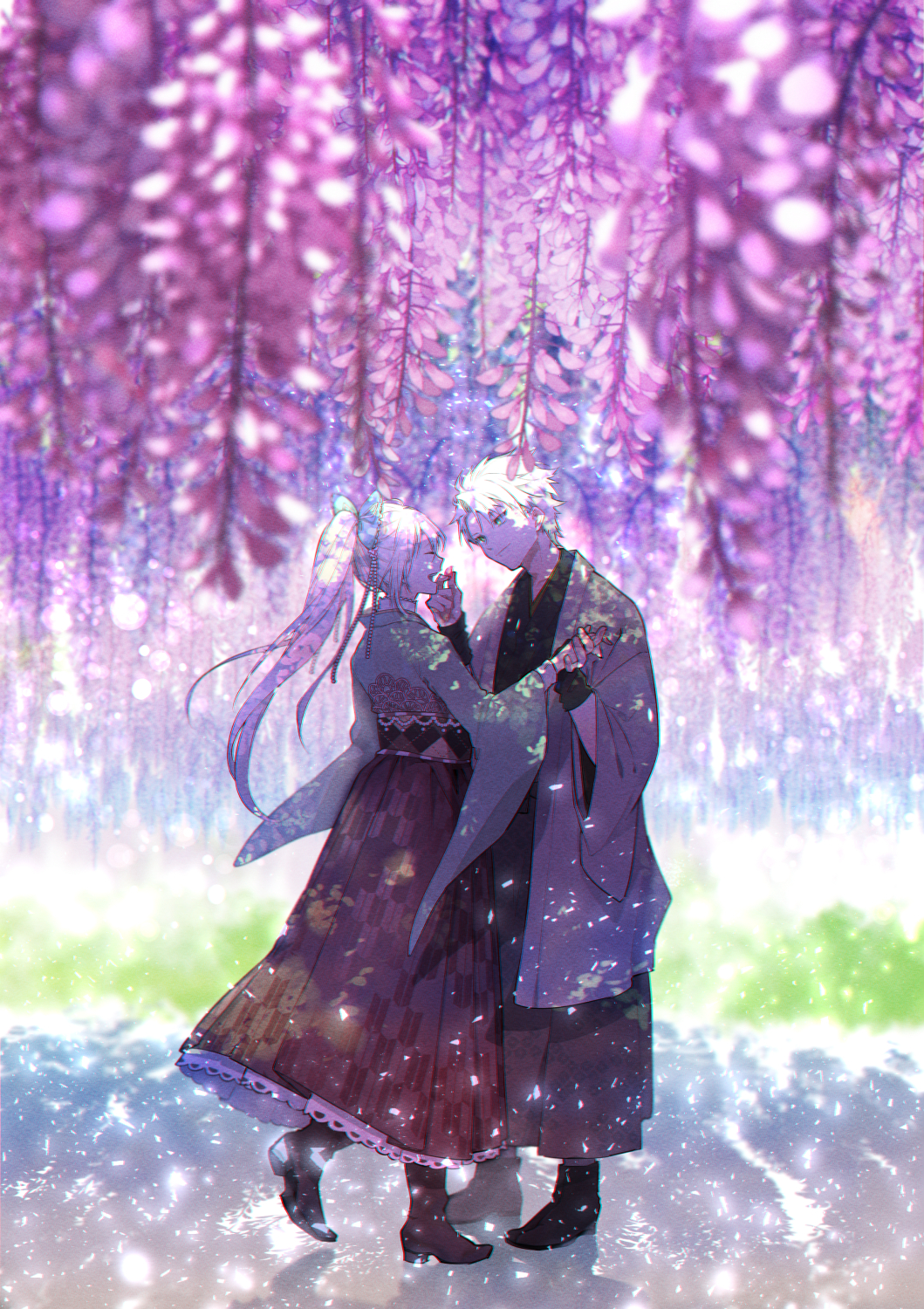 1boy 1girl beads boots bow closed_eyes commission couple dark flower green_eyes hair_beads hair_bow hair_ornament hakama hand_up haori happy head_tilt high_ponytail highres holding_hands japanese_clothes light_particles long_hair o_kita915 obi open_mouth original outdoors sash shadow short_hair skeb_commission smile wisteria