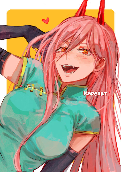 +_+ 1girl :d arm_behind_head black_gloves breasts chainsaw_man china_dress chinese_clothes dress elbow_gloves gloves hair_between_eyes hair_over_breasts hair_over_one_breast heart horns kadeart long_hair lower_teeth open_mouth pink_hair power_(chainsaw_man) red_eyes red_horns sharp_teeth smile solo teeth two-tone_background upper_body upper_teeth white_background yellow_background