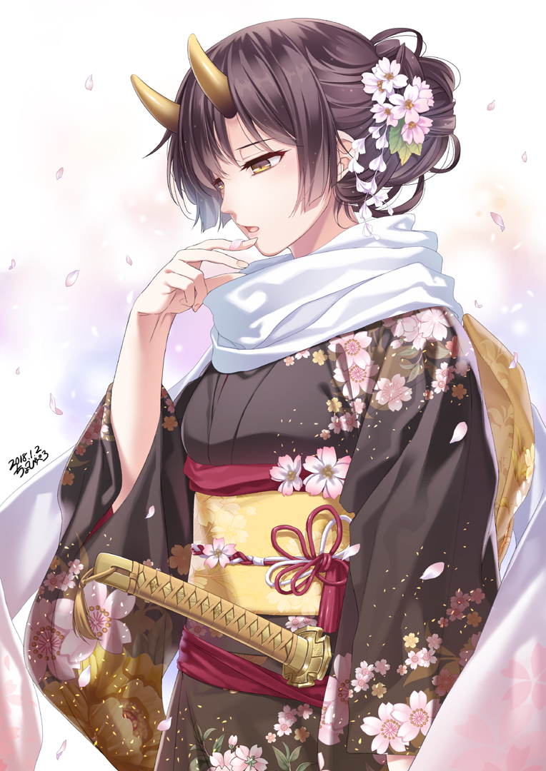 1girl arm_at_side bangs black_hair black_kimono breasts character_request chobipero commentary_request cowboy_shot finger_to_mouth floral_print flower gradient_scarf hair_bun hair_flower hair_ornament hand_up horns japanese_clothes kanzashi katana kimono long_sleeves looking_at_hand looking_away looking_down obi oni_horns parted_lips petals pink_flower pink_shawl print_kimono profile sash scarf sidelocks solo sword tassel tenka_hyakken updo weapon white_background white_scarf yellow_eyes