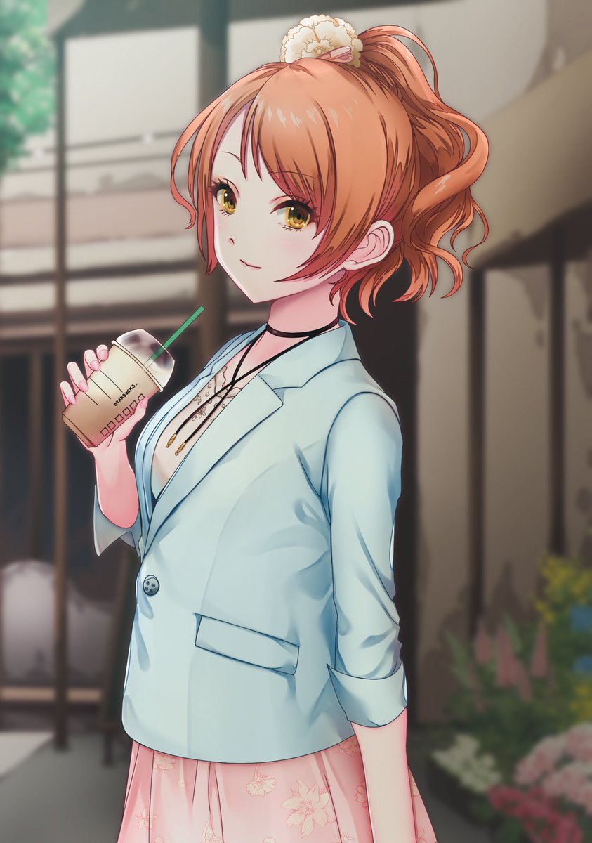 1girl blue_jacket brown_hair choker cup disposable_cup drink drinking_straw eyebrows_visible_through_hair flower hair_flower hair_ornament highres hojo_karen holding holding_cup idolmaster idolmaster_cinderella_girls idolmaster_cinderella_girls_starlight_stage jacket looking_at_viewer maou_(demonlord) nail_polish outdoors pink_skirt shirt skirt sleeves_rolled_up smile solo tied_hair yellow_eyes