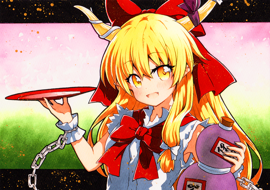 1girl :d alcohol blonde_hair bow bowtie chain cuffs eyebrows_visible_through_hair fang gensokyo gourd green_background hair_between_eyes hair_bow horn_ornament horn_ribbon horns ibuki_suika long_hair looking_at_viewer low-tied_long_hair multicolored_background oni orange_hair pink_background qqqrinkappp red_bow red_bowtie ribbon sake shackles shirt skin_fang sleeveless sleeveless_shirt smile solo touhou traditional_media upper_body white_shirt