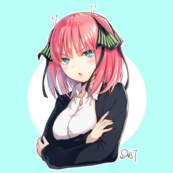 1girl bangs black_cardigan black_ribbon blue_background blue_eyes blunt_bangs blush breasts butterfly_hair_ornament cardigan crossed_arms da-cart go-toubun_no_hanayome hair_ornament large_breasts looking_at_viewer nakano_nino open_cardigan open_clothes open_mouth pink_hair ribbon shirt simple_background sleeves_past_wrists twintails v-shaped_eyebrows white_shirt
