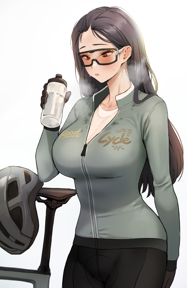 1girl banned_artist bicycle bicycle_helmet black_hair blush bottle breasts commentary english_commentary goggles ground_vehicle helmet holding holding_bottle jacket kkamja large_breasts long_hair long_sleeves open_mouth original red_eyes simple_background solo steaming_body sweat water_bottle white_background