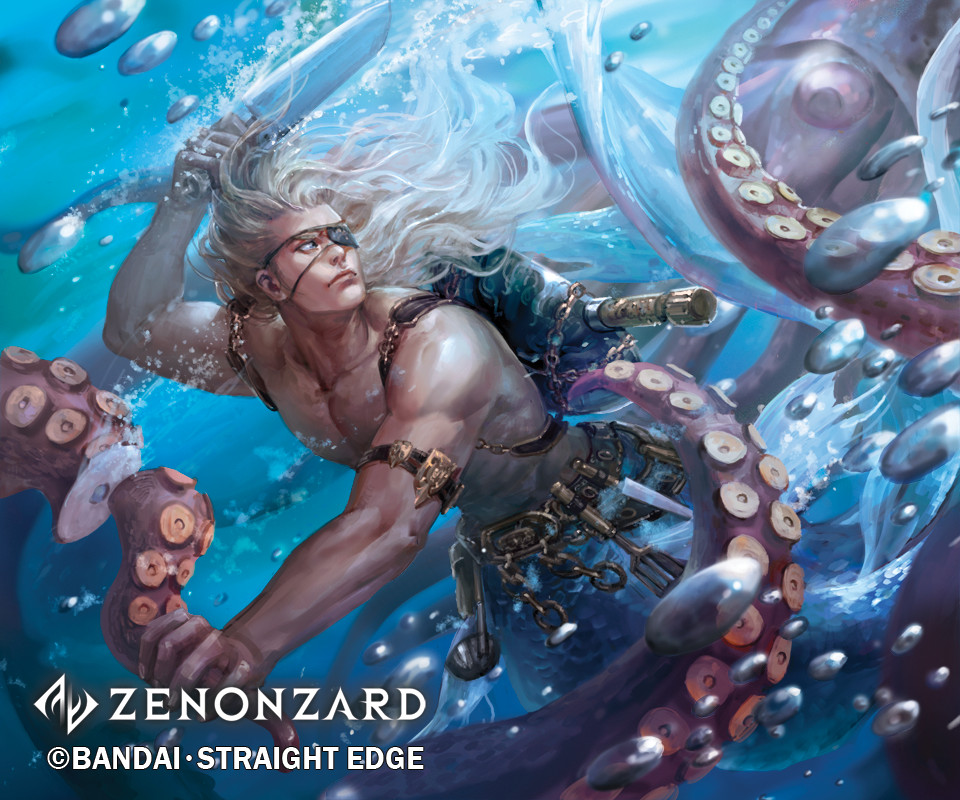 1boy air_bubble armlet backpack bag blue_background bubble company_name copyright_name eyepatch holding holding_knife holding_weapon knife ladle long_hair looking_back male_focus merman monster_boy official_art pouch rakuen spatula squid tentacles toned topless_male underwater weapon zenonzard