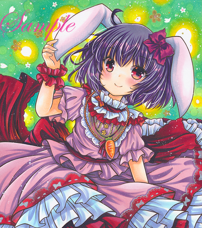 1girl adapted_costume ahoge animal_ears back_bow bow carrot_necklace closed_mouth cowboy_shot eyebrows_visible_through_hair floral_background frilled_bow frilled_shirt_collar frilled_skirt frills green_background holding_ear inaba_tewi looking_at_viewer marker_(medium) pink_shirt pink_skirt purple_hair rabbit_ears red_eyes rui_(sugar3) sample shirt short_hair skirt smile solo touhou traditional_media