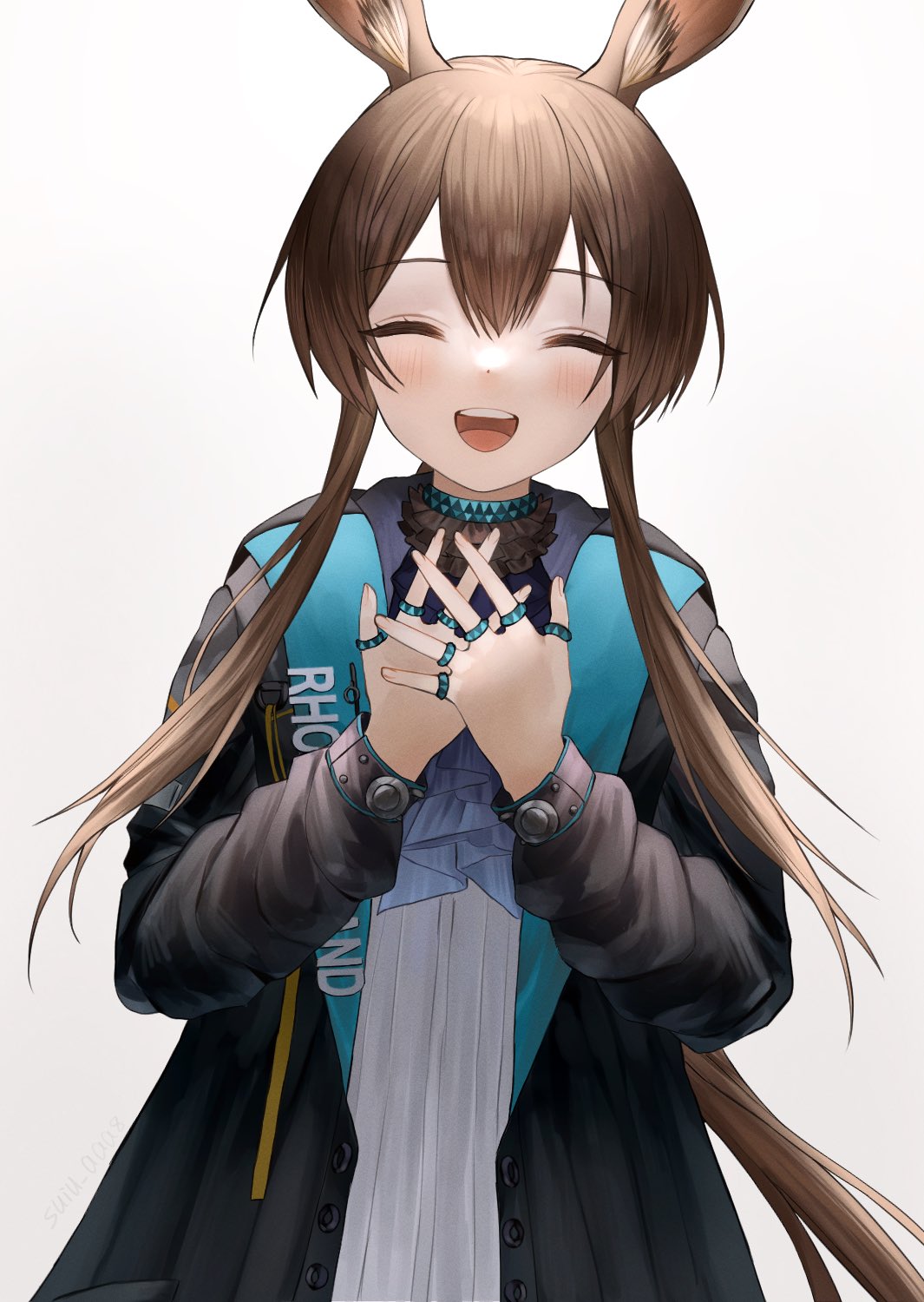 1girl :d amiya_(arknights) animal_ear_fluff animal_ears arknights ascot black_coat blue_ascot blue_choker blush brown_hair choker closed_eyes clothes_writing coat facing_viewer hands_on_own_chest highres jewelry long_hair long_sleeves low_ponytail multiple_rings open_clothes open_coat own_hands_together rabbit_ears ring round_teeth shirt sidelocks simple_background smile solo suiu_aaa8 teeth upper_body upper_teeth very_long_hair white_background white_shirt