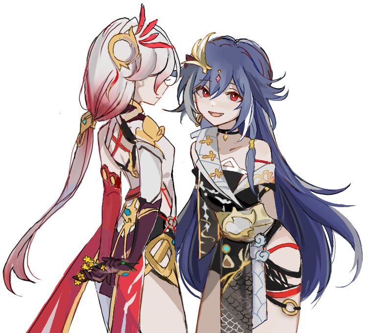 2girls :d asymmetrical_gloves black_choker black_hair brown_gloves china_dress chinese_clothes choker dress dual_persona fu_hua fu_hua_(herrscher_of_sentience) fu_hua_(phoenix) gloves hair_ornament honkai_(series) honkai_impact_3rd long_hair looking_at_viewer mismatched_gloves multicolored_hair multiple_girls open_mouth ponytail red_eyes red_gloves simple_background smile streaked_hair white_background white_dress white_hair zichecheche