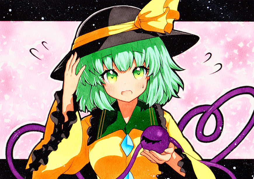 1girl bangs black_border black_headwear blouse border breasts eyebrows_visible_through_hair flying_sweatdrops frilled_shirt_collar frilled_sleeves frills green_eyes green_hair hand_on_headwear hat hat_ribbon heart heart_of_string holding komeiji_koishi long_sleeves looking_at_viewer open_mouth pink_background qqqrinkappp ribbon short_hair small_breasts solo sweat sweatdrop third_eye touhou traditional_media upper_body wide_sleeves yellow_blouse yellow_ribbon