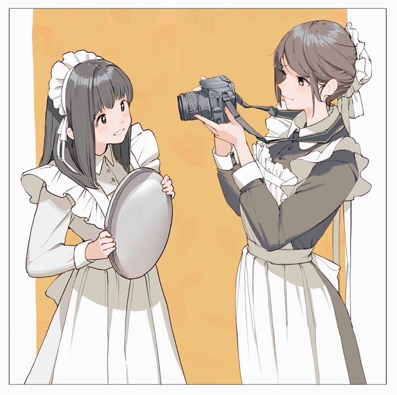 2girls apron black_eyes black_hair border bright_pupils brown_eyes brown_hair camera closed_mouth collared_dress commentary_request dress grey_dress hat highres holding holding_camera holding_tray long_hair long_sleeves maid maid_apron maid_headdress meido-fuku_ga_mitai mob_cap multiple_girls open_mouth original short_hair sidelocks single-lens_reflex_camera smile tray two-tone_background white_border white_dress white_pupils