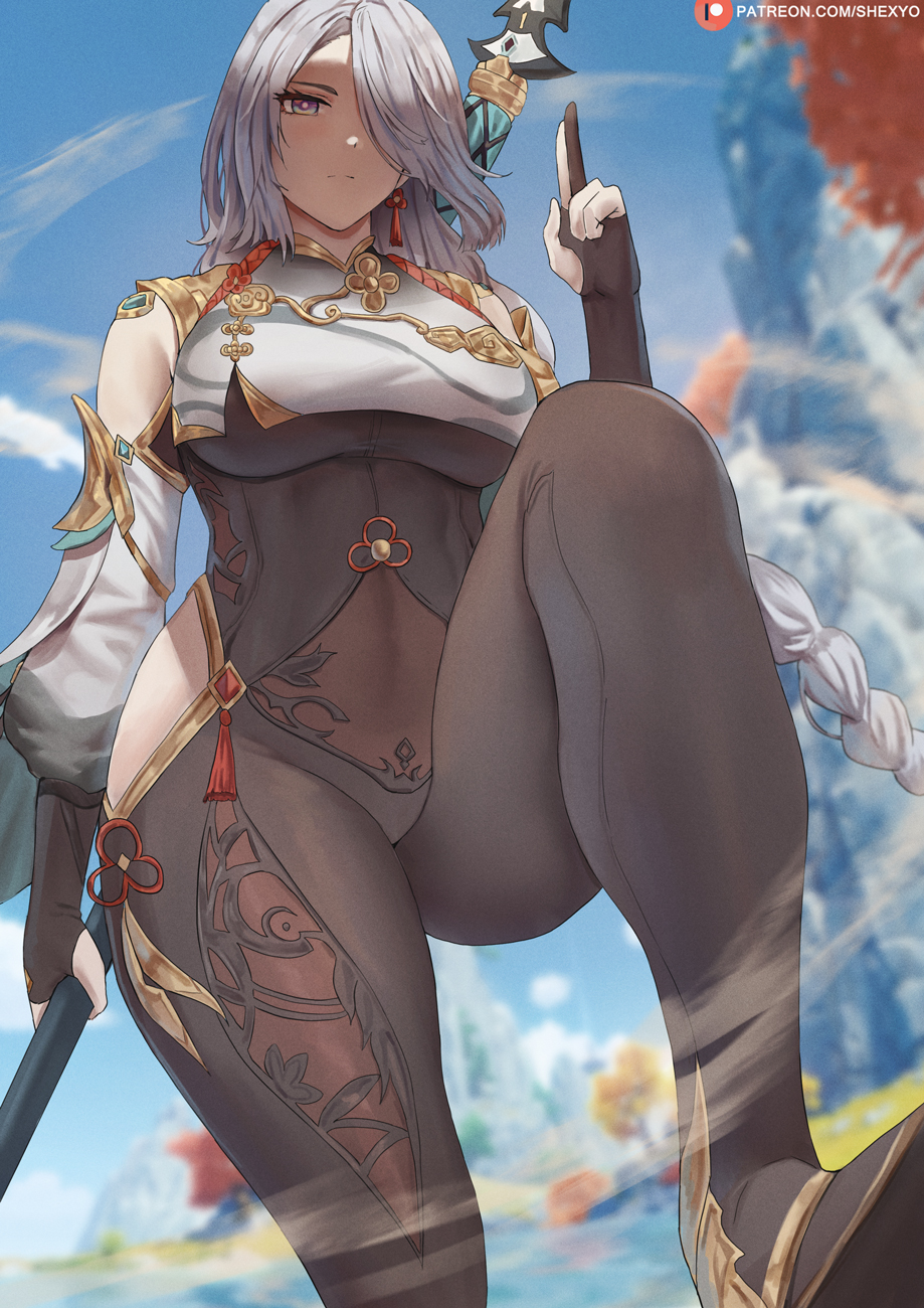 1girl black_gloves blue_sky blurry blurry_background braid braided_ponytail breasts closed_mouth commentary day earrings foreshortening from_below genshin_impact gloves hair_over_one_eye highres holding holding_weapon jewelry knee_up large_breasts long_hair looking_at_viewer looking_down mountain outdoors patreon_logo patreon_username polearm shenhe_(genshin_impact) shexyo silver_hair sky solo spear standing tassel tassel_earrings thick_thighs thighs weapon web_address wide_hips