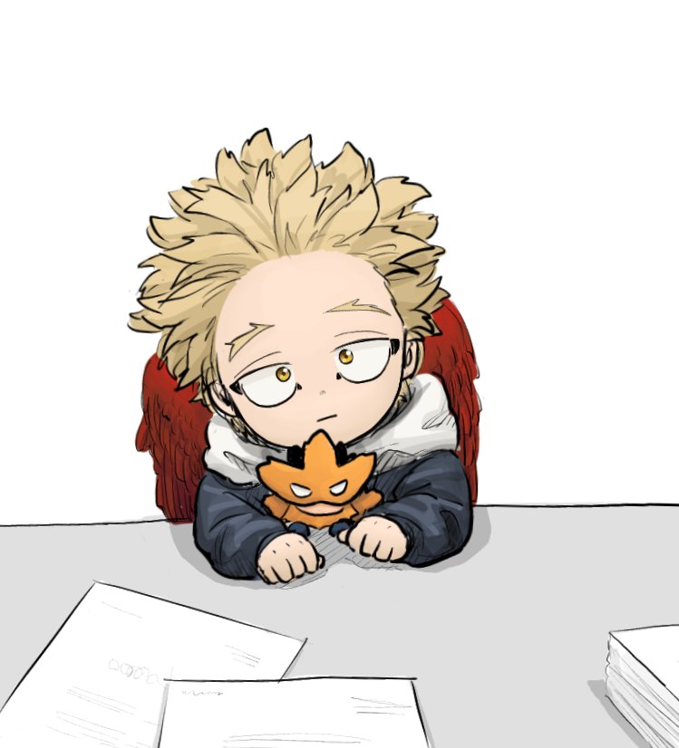 1boy blonde_hair blue_hoodie boku_no_hero_academia child closed_mouth desk doll endeavor_(boku_no_hero_academia) expressionless hanage_(hanage149) hawks_(boku_no_hero_academia) hood hoodie looking_at_viewer male_focus paper red_wings short_hair simple_background solo spiky_hair sweatshirt upper_body white_background wings yellow_eyes younger