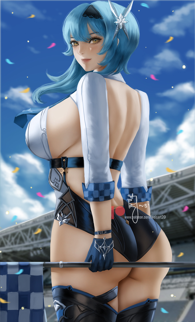 1girl adapted_costume ass back backless_outfit bangs black_gloves black_hairband black_legwear black_shorts blue_hair blue_sky breasts checkered checkered_flag closed_mouth clouds confetti cowboy_shot day eula_(genshin_impact) eyebrows_visible_through_hair flag genshin_impact gloves hairband holding holding_flag large_breasts long_hair long_sleeves outdoors pink_lips racequeen short_shorts shorts shrug_(clothing) sideboob signature sky smile solo stadium thigh-highs underbust wei_(promise_0820) yellow_eyes