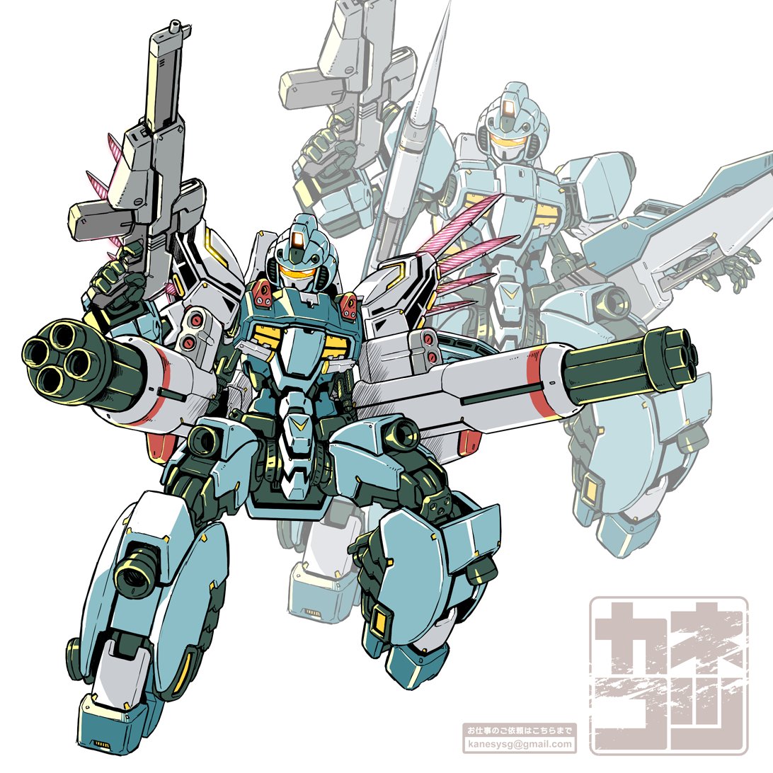 beam_rifle email_address energy_gun f91_gundam full_body fusion gatling_gun glowing glowing_eyes gundam gundam_f91 gundam_msv javelin_(gundam) kaneko_tsukasa lance mecha mobile_suit no_humans polearm projected_inset solo victory_gundam weapon white_background yellow_eyes