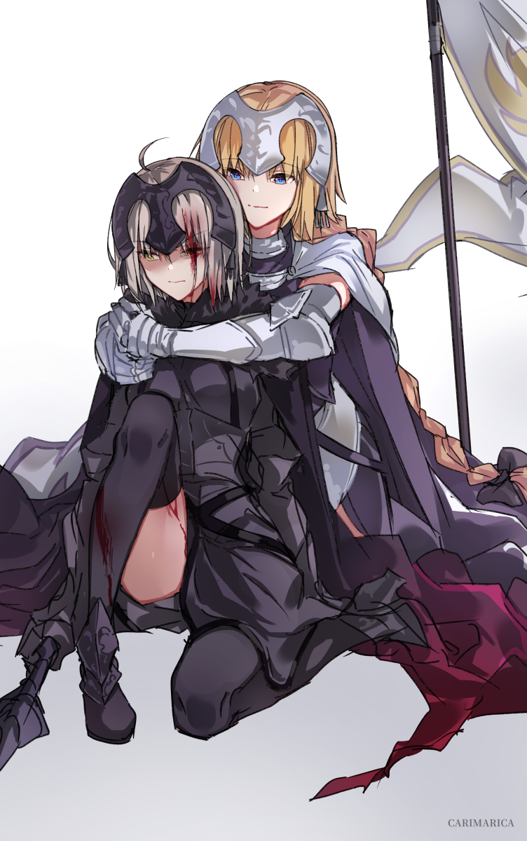 2girls ahoge armored_boots arms_around_neck black_legwear blonde_hair blood blood_on_face boots cape fate/grand_order fate_(series) gauntlets grey_skirt headpiece highres hug hug_from_behind jeanne_d'arc_(alter)_(fate) jeanne_d'arc_(fate) light_smile long_braid multiple_girls one_eye_closed short_hair skirt standard_bearer thigh-highs white_background white_cape yellow_eyes zeromomo