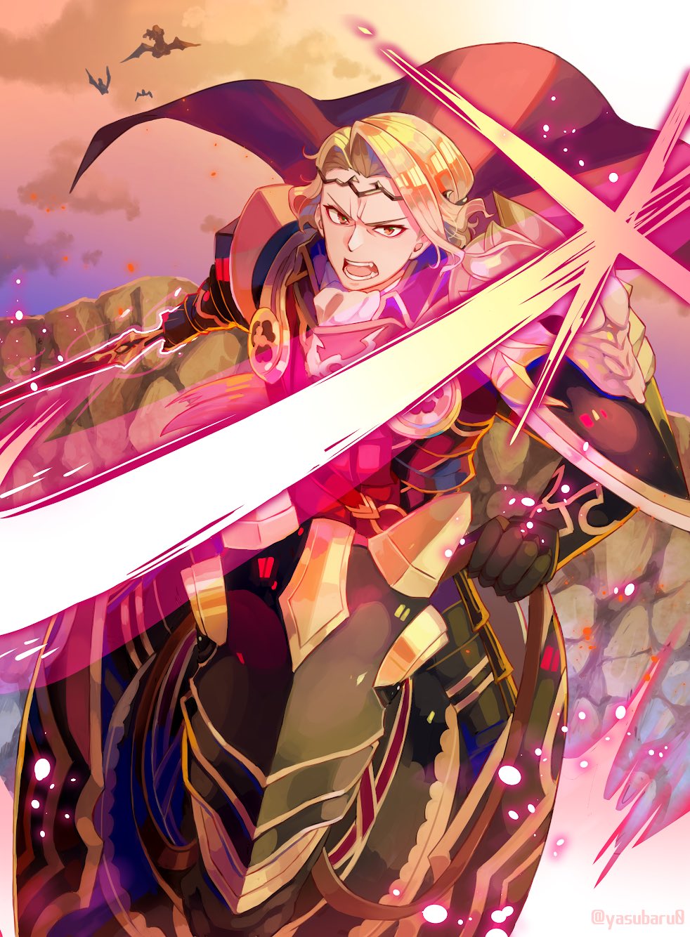 1boy armor blonde_hair cape clouds cloudy_sky fire_emblem fire_emblem_fates gloves highres holding holding_sword holding_weapon horseback_riding incoming_attack looking_at_viewer open_mouth riding sky slashing sword weapon xander_(fire_emblem) yasubaru yellow_eyes