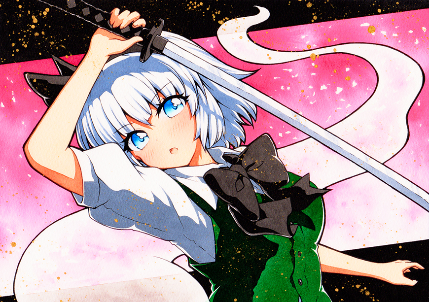 1girl black_bow black_bowtie black_hairband black_ribbon blue_eyes bob_cut bow bowtie breasts buttons collared_shirt eyebrows_visible_through_hair green_vest hair_between_eyes hair_ribbon hairband hitodama holding holding_sword holding_weapon katana konpaku_youmu konpaku_youmu_(ghost) looking_at_viewer medium_breasts open_mouth pink_background puffy_short_sleeves puffy_sleeves qqqrinkappp ribbon shirt short_hair short_sleeves silver_hair sword touhou traditional_media upper_body v-shaped_eyebrows vest weapon white_shirt