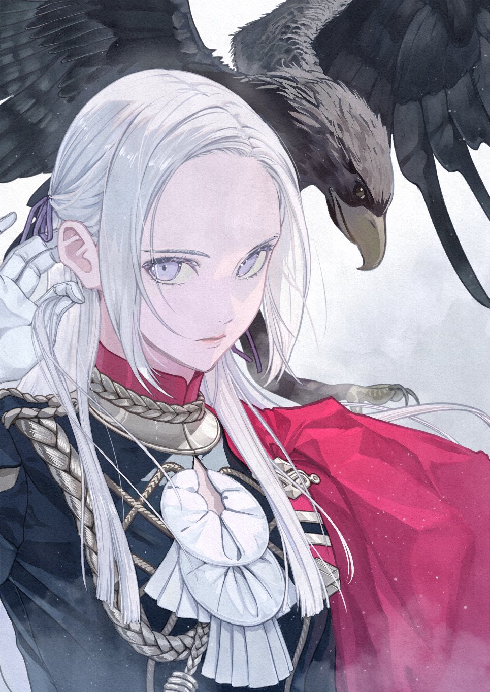 1girl aiguillette ascot bird black_jacket cape commentary eagle edelgard_von_hresvelg fire_emblem fire_emblem:_three_houses garreg_mach_monastery_uniform gloves grey_background hair_ribbon half_updo hand_in_hair hand_up highres jacket long_hair looking_to_the_side mueririko purple_ribbon red_cape ribbon silver_hair solo upper_body violet_eyes white_ascot white_gloves