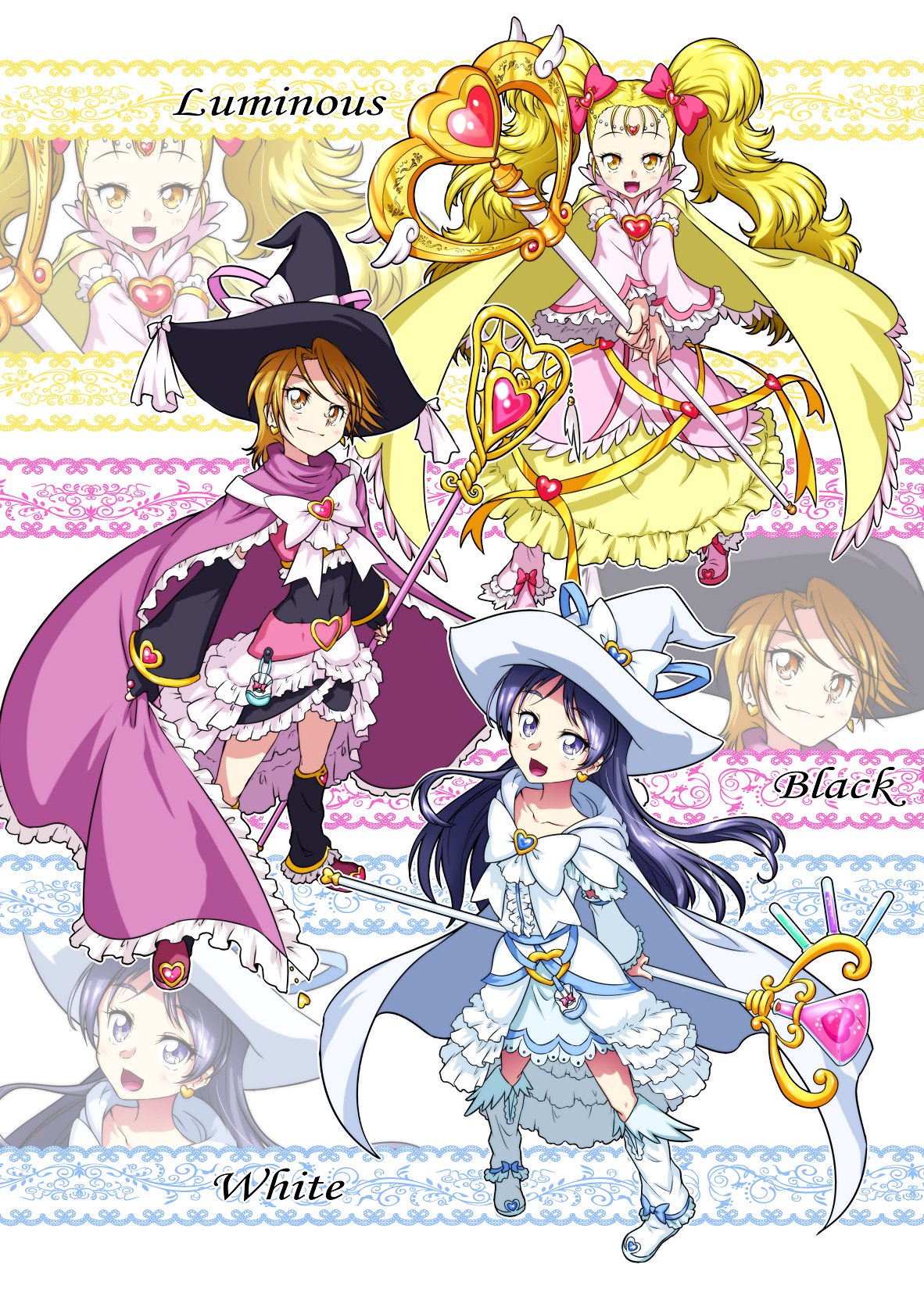 3girls :d adapted_costume alternate_costume arm_warmers belt black_gloves black_headwear black_legwear blonde_hair blue_eyes blue_hair blush cape character_name cure_black cure_white detached_sleeves dress earrings english_text eyelashes fingerless_gloves frilled_dress frilled_skirt frills futari_wa_precure futari_wa_precure_max_heart gloves hair_ornament hair_ribbon happy hat heart heart_belt heart_earrings highres jewelry kujou_hikari leg_warmers light_blush long_hair looking_at_viewer magical_girl matatabi_(karukan222) misumi_nagisa multiple_girls open_mouth orange_eyes orange_hair pink_dress precure ribbon shiny_luminous shoes short_hair skirt smile staff standing twintails very_long_hair wand white_dress white_headwear white_legwear wide_sleeves witch witch_hat yellow_eyes yukishiro_honoka