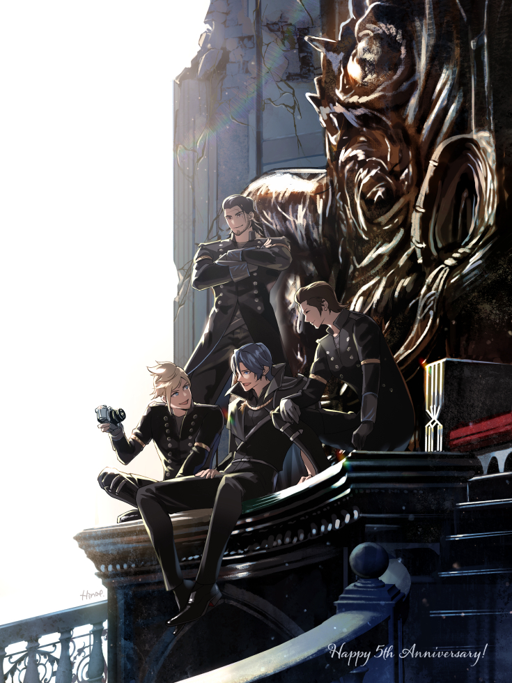 4boys beard black_hair blonde_hair brown_hair cape commentary english_commentary facial_hair final_fantasy final_fantasy_xv formal gladiolus_amicitia gloves hinoe_(dd_works) ignis_scientia kingsglaive_garb looking_at_another multiple_boys noctis_lucis_caelum prompto_argentum sitting smile spiky_hair stairs standing statue