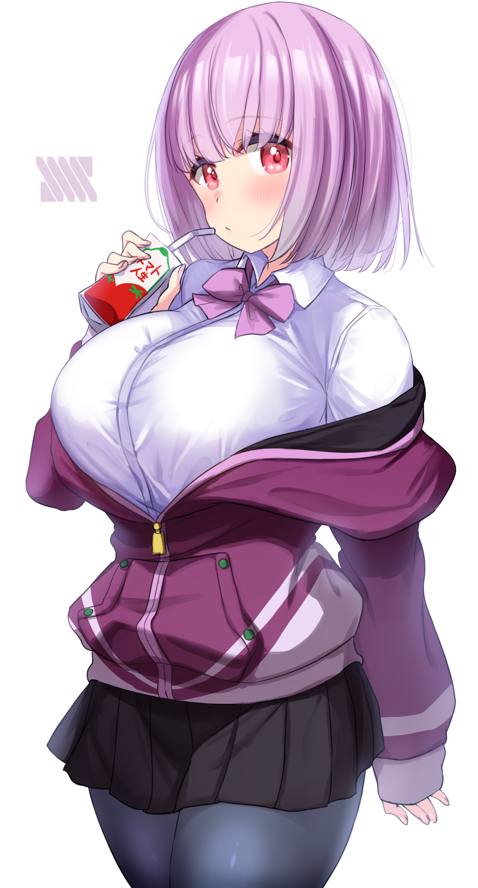1girl bangs black_skirt blush bow bowtie breasts closed_mouth collared_shirt commentary_request cowboy_shot eyebrows_visible_through_hair grey_legwear gridman_universe hair_between_eyes hand_up highres holding jacket juice_box kibihimi large_breasts logo long_sleeves looking_at_viewer miniskirt off_shoulder pantyhose partially_unzipped pink_hair pleated_skirt purple_bow purple_bowtie purple_jacket red_eyes school_uniform shinjou_akane shirt short_hair sidelocks simple_background skirt solo ssss.gridman standing tomato_juice white_background white_shirt zipper