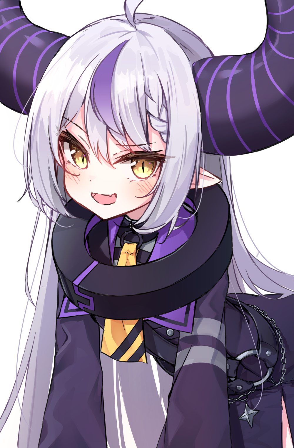 1girl beliatan black_horns eyebrows_visible_through_hair fang hair_between_eyes highres hololive horns la+_darknesss long_hair looking_at_viewer multicolored_hair open_mouth purple_hair simple_background skin_fang slit_pupils smile solo streaked_hair very_long_hair virtual_youtuber white_background white_hair yellow_eyes