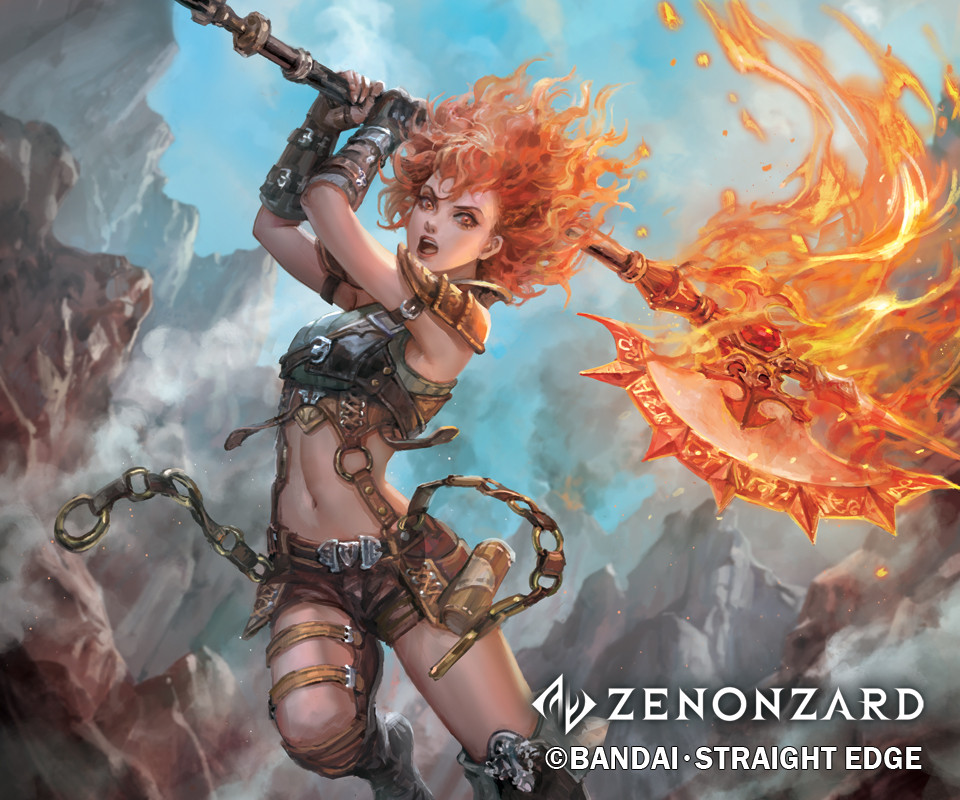 1girl :o armor axe boots bracer breasts brown_shorts chain company_name copyright_name day fighting_stance flaming_weapon holding holding_axe looking_at_viewer midriff navel o-ring official_art open_mouth outdoors rakuen red_eyes redhead rock short_shorts shorts small_breasts solo thigh_strap wavy_hair zenonzard