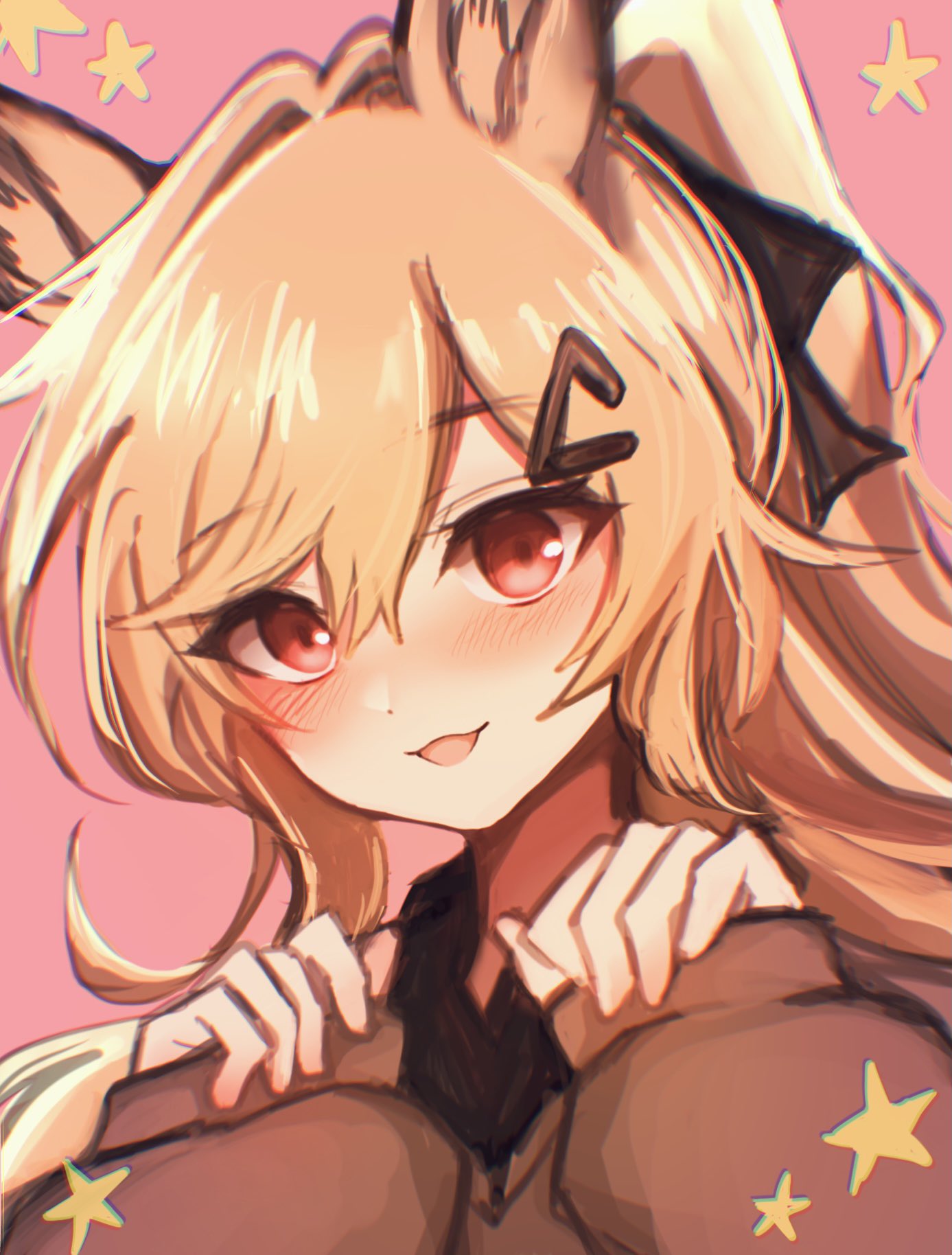 1girl 3_(sanyako1) :d animal_ears arknights bangs blonde_hair blush ceobe_(arknights) dog_ears eyebrows_visible_through_hair hair_between_eyes hair_ornament hairclip highres long_hair long_sleeves looking_at_viewer official_alternate_costume open_mouth pajamas pink_background ponytail simple_background sleeves_past_wrists smile solo star_(symbol) upper_body