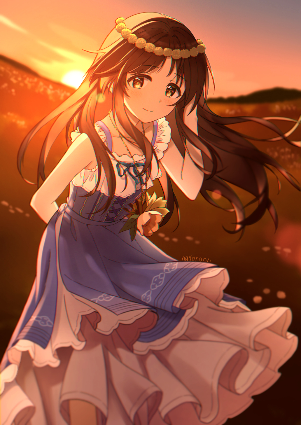 1girl arm_behind_back artist_name backlighting bangs blue_dress blurry blurry_background brown_eyes brown_hair closed_mouth commentary depth_of_field dress hand_in_hair head_wreath highres horizon idolmaster idolmaster_cinderella_girls jewelry layered_dress leaning_forward long_hair looking_at_viewer medium_dress nagononn necklace signature smile solo standing strapless strapless_dress sun sunset takamori_aiko wind